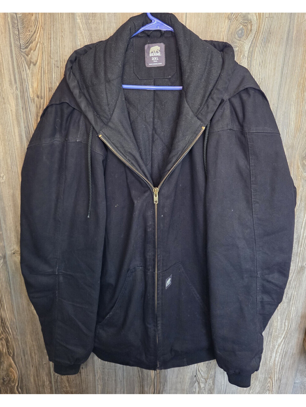 Berne Highland Duck Hooded Work Jacket Size 3XL Tall Black Full Zip (HJ61BK)